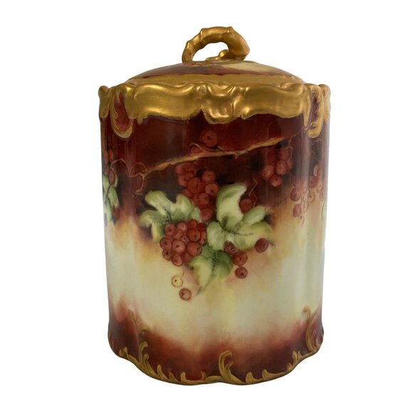 Hand Painted Porcelain Jar With Lid Featuring Berry Design & Gold Accents - Picture 1 of 9